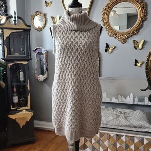 Vintage Adrienne Vittadini Beige Cowl Neck Sweater Dress Thigh-High Zipper Slits